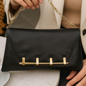 Vintage Chain Shoulder Bag Black Leather Baguette Envelope Slim Trapezoid Clutch